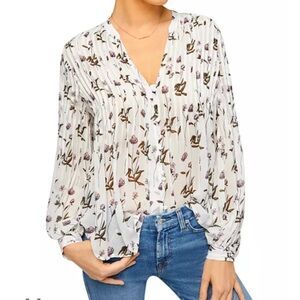 7 For All Mankind Floral Print V-Neck White Blouse